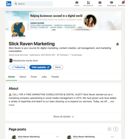 This screenshot of Slick Raven Marketing's LinkedIn business page is clean, colorful, and quickly communicates the purpose of their business. Your eye is drawn to the blue button used for lead generation as discussed in the blog post.