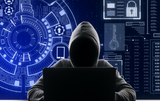 A person in a dark grey hooded sweatshirt sits with the hood up, face completely obscured, in front of an open laptop computer. Behind the person in the background is a digital screen in shades of blue with white writing and drawings and symbols about security such as locks.