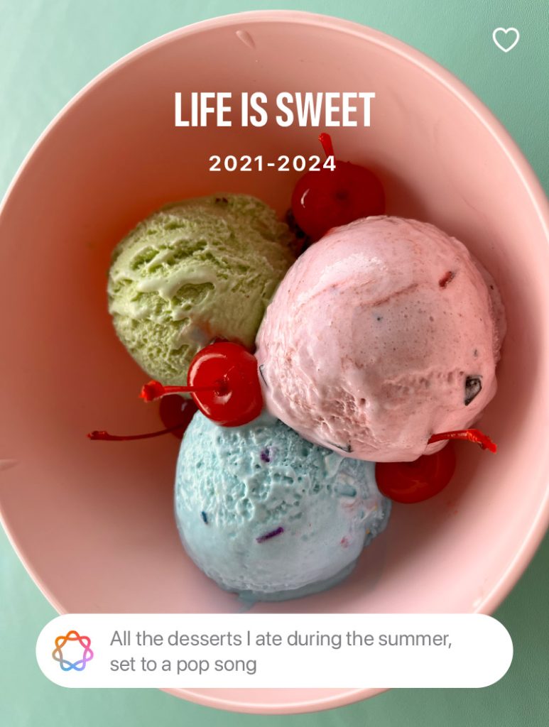 Life is sweet photo album cover featuring green, pink and blue pastel ice cream in a pink bowl with a mint background.