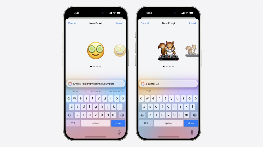 AI generative emojis created shown on two side by side apple iPhone 16 Pro screens