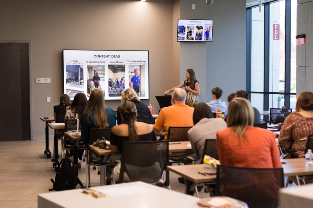 Krystal Morris presenting at the Southwest Michigan First Chamber about best materials for getting started with video marketing.