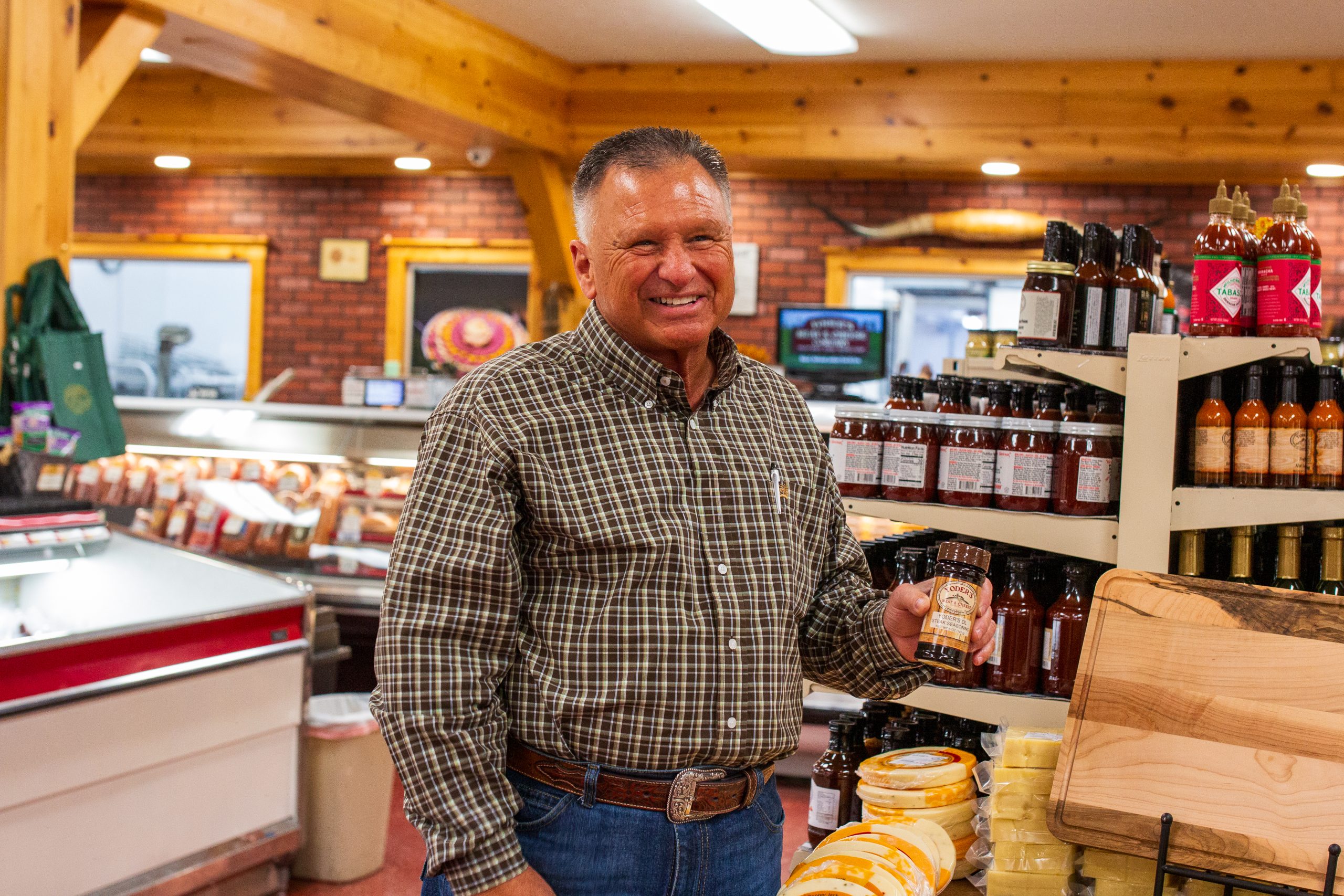 Bob Yoder explaining the benefits of using the right spices to season meat, taken at his Shipshewana store Yoder's Meat And Cheese Company.