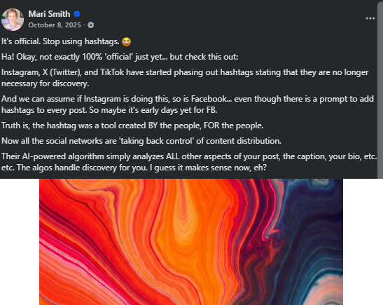 Mari Smith on Facebook hashtag strategy. Do not use hashtags on Facebook.