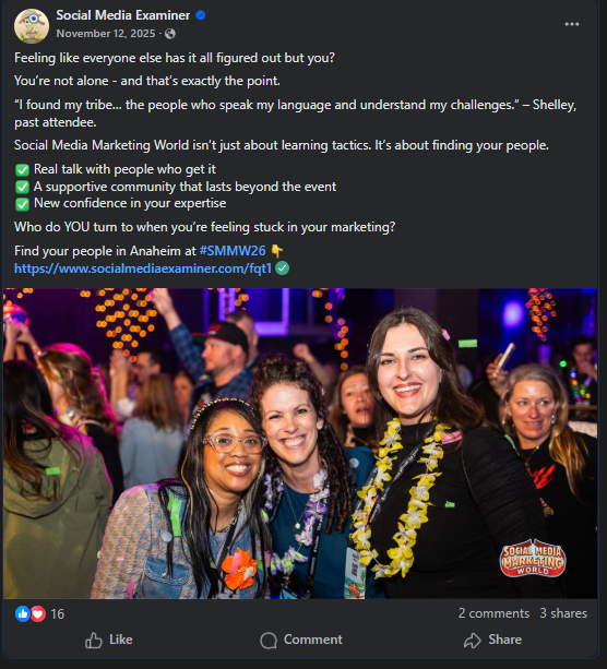 Social Media Examiner's Social Media Marketing World Facebook Post