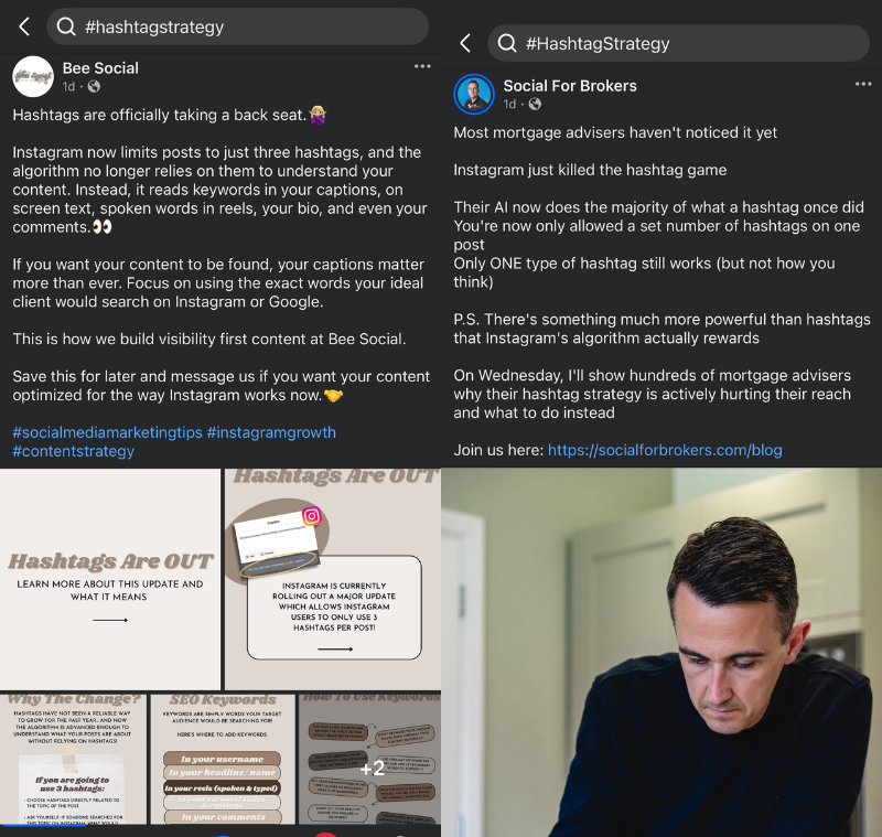 Instead of using hashtags on Facebook, try to focus on SEO rich verbiage.